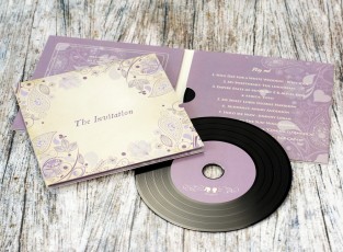 Beautiful purple and cream wedding invite 4 page wallets with black vinyl discs