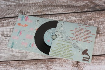 Four page CD wallet wedding favours with black vinyl CDs
