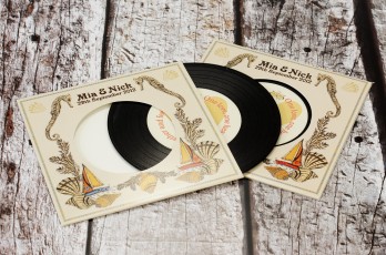 Wedding invite CDs in record-style wallets with black vinyl discs