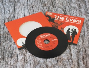 Wedding invite CDs in record-style wallets with black vinyl discs