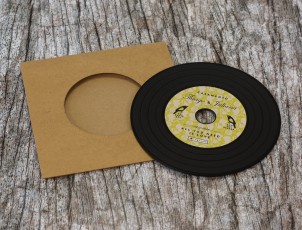 Wedding invite CDs in brown Manila recycled record-style wallets with black vinyl discs